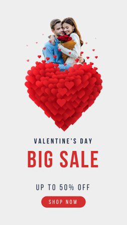 Valentine's Day Big Sale Offer With Hearts And Roses Bouquet Instagram Story Design Template