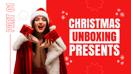 Beautiful Woman in Santa Costume with Christmas Gift Boxes Youtube Thumbnail Design Template