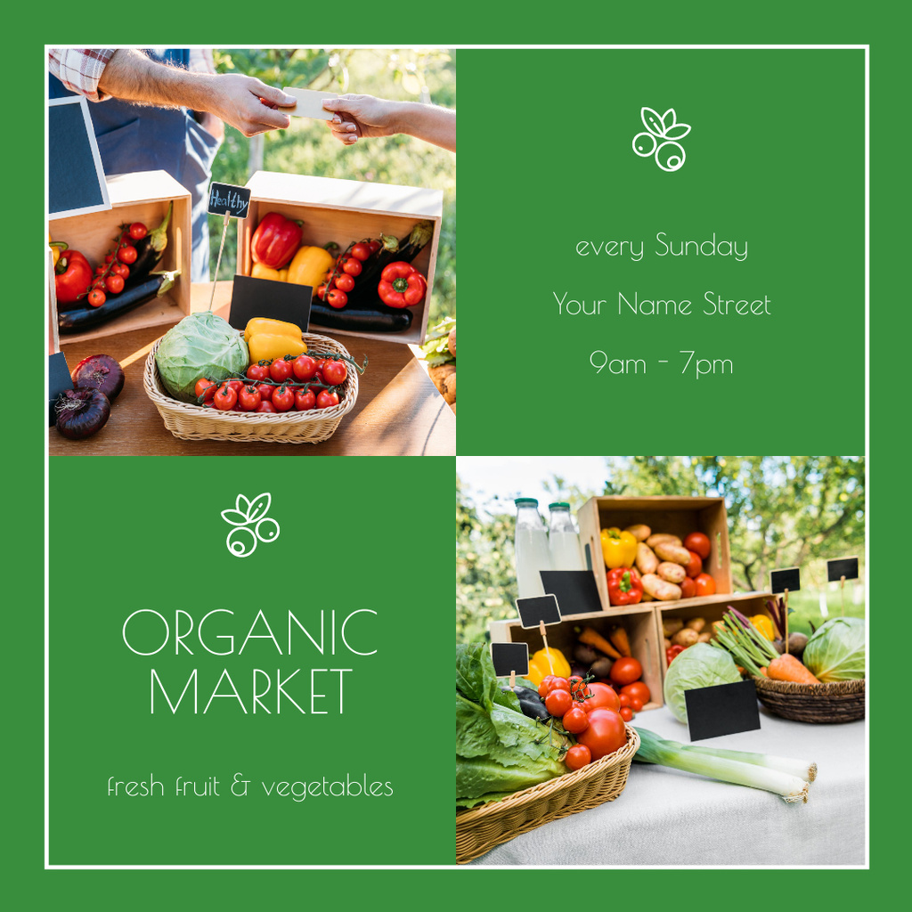 Collage with Photos of Fresh Vegetables at Organic Market Instagram Πρότυπο σχεδίασης