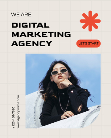 Digitális marketing ügynökségi szolgáltatások fiatal ázsiai nővel Instagram Post Vertical tervezősablon