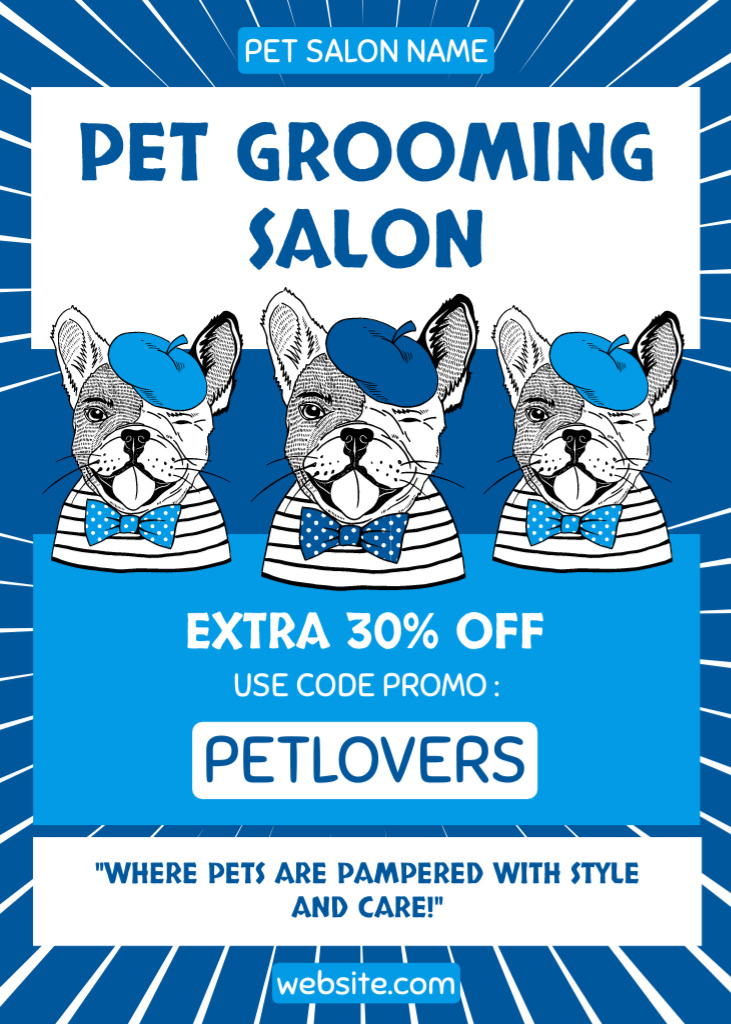 Pet Grooming Salon Ad on Blue Flayer Modelo de Design