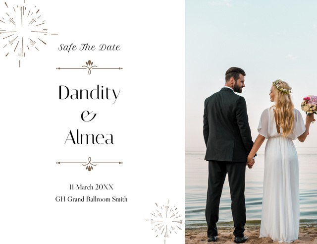Wedding Ceremony Announcement with Couple Standing on Beach Thank You Card 5.5x4in Horizontal Design Template
