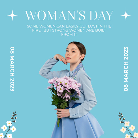 Міжнародний жіночий день привітання з жінкою, що тримає фіолетові квіти Instagram – шаблон для дизайну