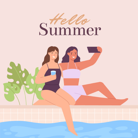 Women in Swimsuits Taking Selfie Near Swimming Pool Instagramデザインテンプレート