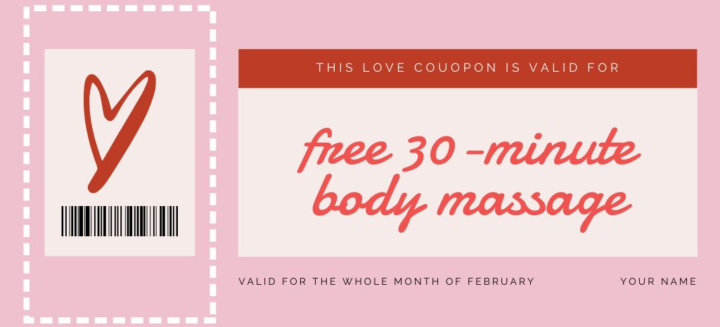 Gift Voucher for Free Body Massage for Valentine's Day Coupon 3.75x8.25in Design Template