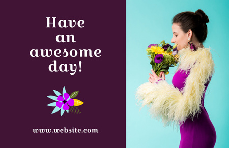Template di design Have an Awesome Day Text with Woman Holding Bouquet of Flowers Thank You Card 5.5x8.5in