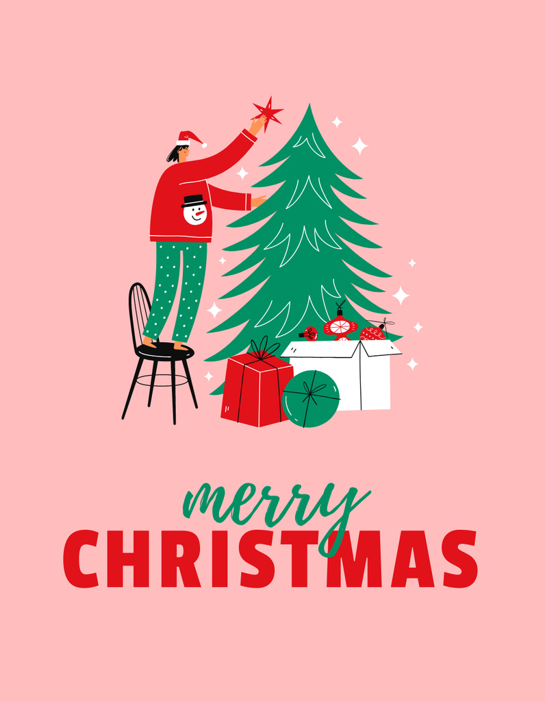 Modèle de visuel Cheerful Christmas Holiday Greetings And Woman Decorating Tree - T-Shirt
