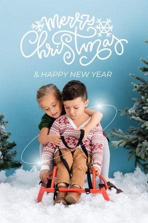 Platilla de diseño Holiday Photo of Kids on Red Sled Pinterest