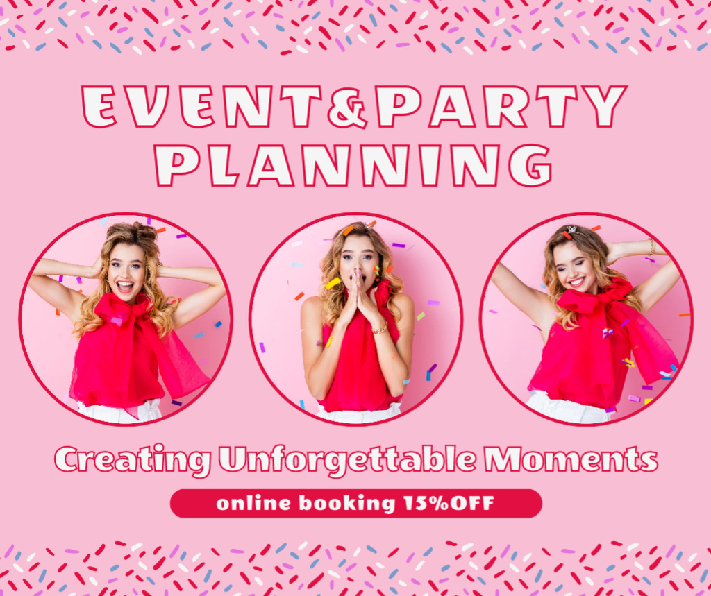 Template di design Discount on Event and Party Planning with Fun Young Blonde Facebook