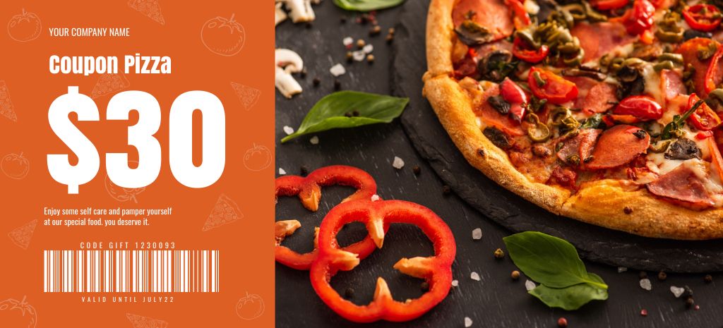 Pizza Voucher on Orange Coupon 3.75x8.25in Šablona návrhu