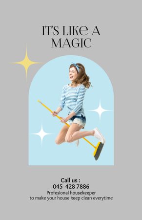 Funny Cleaning Woman Flying on Broom Flyer 5.5x8.5in Design Template
