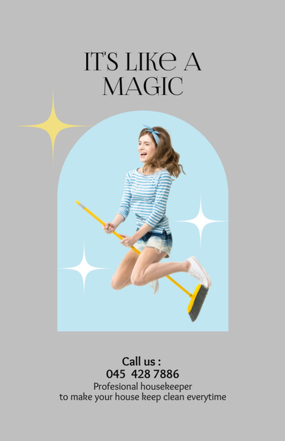 Cleaning Woman Flying on Broom Flyer 5.5x8.5in Design Template