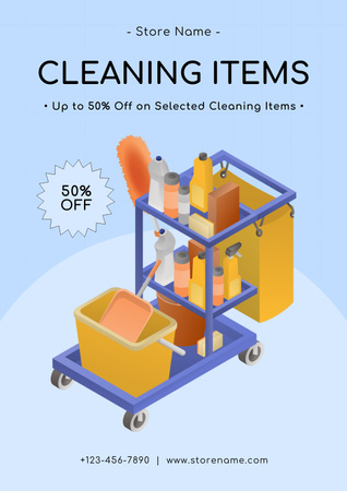 3d Trolley on Household Cleaning Goods Poster Design Template