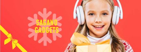 Christmas Offer Girl in Headphones with Gift Facebook cover Design Template