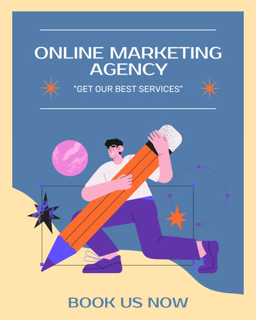 Platilla de diseño Online Marketing Agency Service Offer with Cartoon Man with Pencil Instagram Post Vertical
