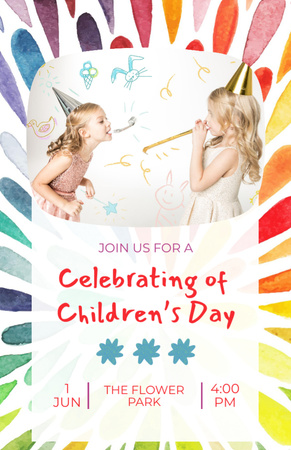 Children's Day Celebration With Noisemakers and Bright Pattern Invitation 5.5x8.5in Modelo de Design