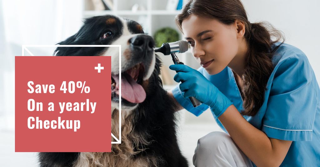 Veterinarian examining Dog in Animal Hospital Facebook AD Design Template