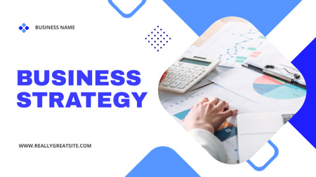 Business Strategy Description With Charts And Calculator Presentation Wide Design Template