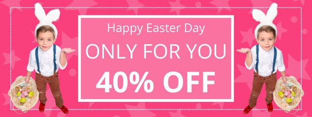 Easter Promotion with Little Boy in Bunny Ears with Basket Full of Colorful Eggs Coupon Design Template