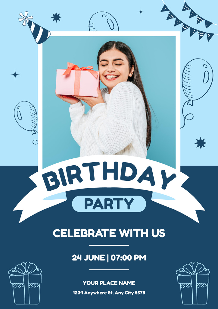 B-day Party Announcement on Blue Poster Design Template