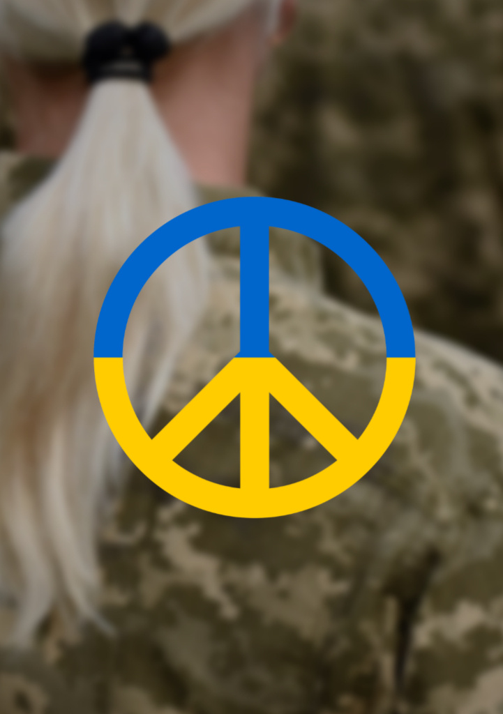 Woman Soldier in Military Uniform with Peace Sign in Ukrainian Flag Colors Flyer A5デザインテンプレート