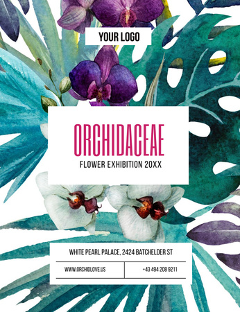 Orchid Flowers Exhibition Announcement with Watercolor Background Invitation 13.9x10.7cm tervezősablon