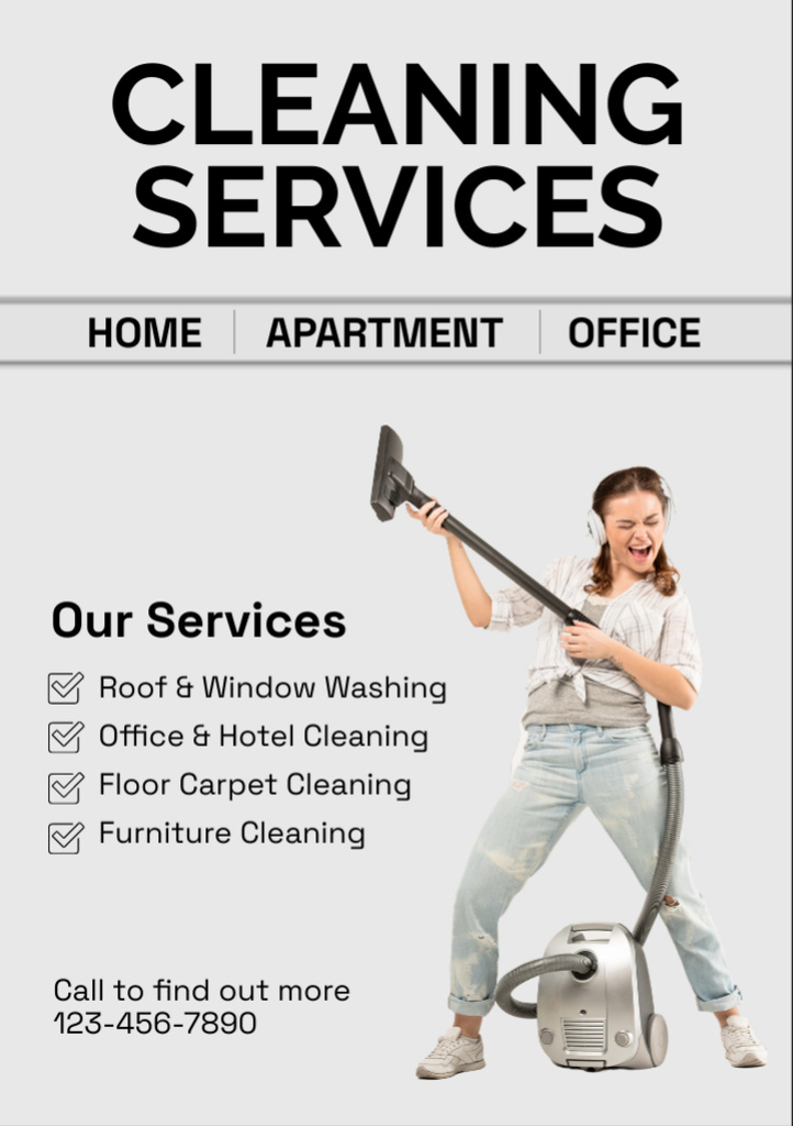 Cleaning Services Ad with Woman with Vacuum Cleaner Flyer A7 Πρότυπο σχεδίασης