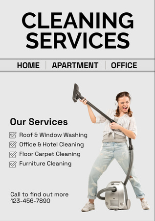 Cleaning Services Ad with Woman with Vacuum Cleaner Flyer A7 Design Template