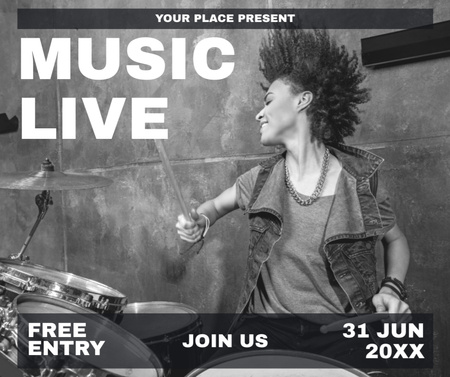 Woman playing Drums on Music Concert Facebook Design Template