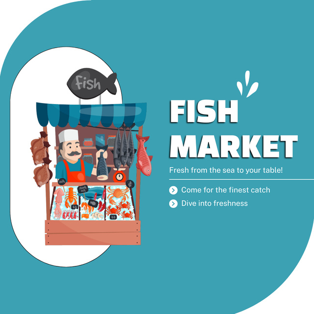 Fish Market Advertisement with Various Fish and Seafood Animated Post Tasarım Şablonu