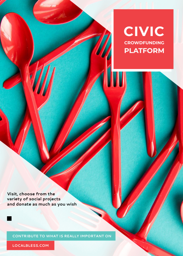 Crowdfunding Platform Offer with Red Plastic Tableware Flayer Šablona návrhu