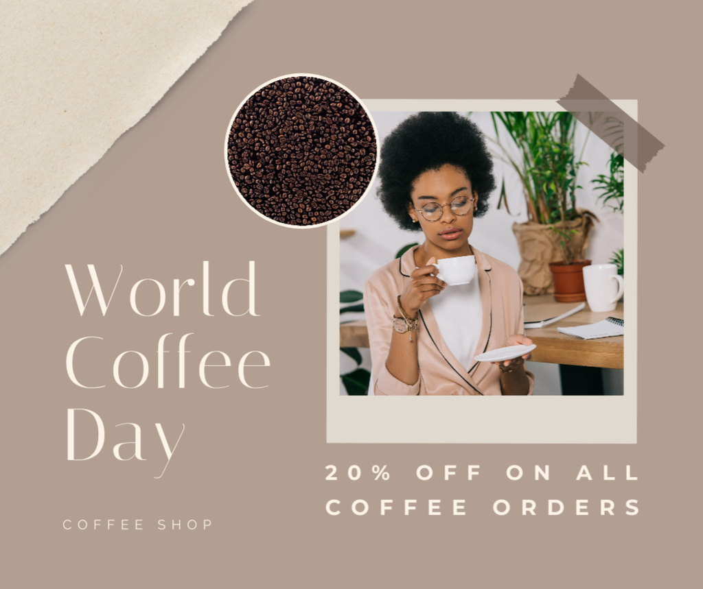 Lady with Cup of Hot Drink for World Coffee Day Facebook – шаблон для дизайна