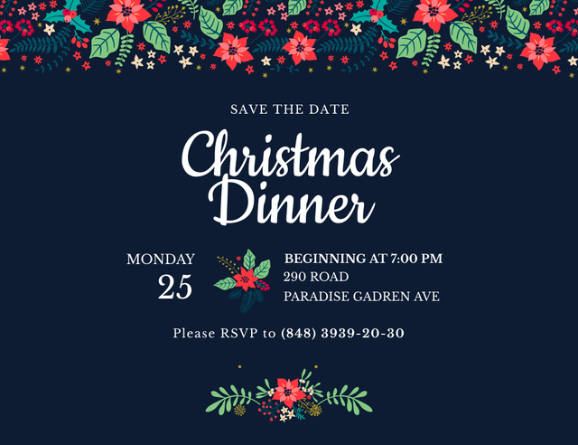 Christmas Dinner Announcement With Illustrated Flowers Invitation 13.9x10.7cm Horizontal Tasarım Şablonu