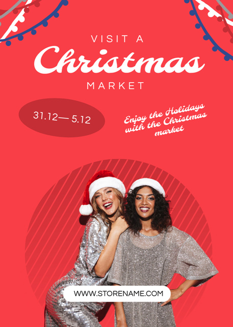 Hilarious Christmas Market Announcement with Smiling Women Invitation Design Template