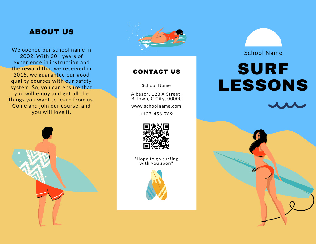 Ontwerpsjabloon van Brochure 8.5x11in van Offer of Surf Lessons with Young People on Beach