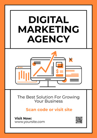 Designvorlage Serviceangebot einer Agentur für digitales Marketing mit orangefarbenem Rahmen für Poster