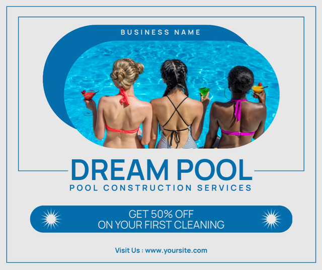 Pool Building Service with Young Women in Swimsuits Facebook tervezősablon