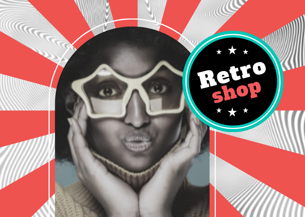 Designvorlage Retro Shop Ad With Sunglasses And Stripes Pattern für Postcard