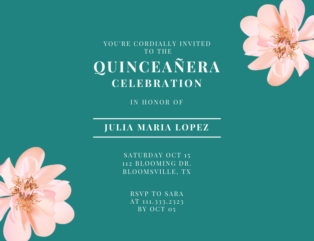 Plantilla de diseño de Quinceañera Celebration Announcement With Flowers Invitation 13.9x10.7cm Horizontal 