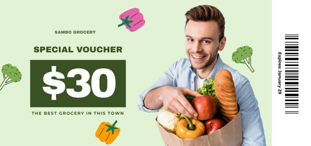 Ontwerpsjabloon van Coupon Din Large van Voucher For Fruits And Vegetables From Grocery Store