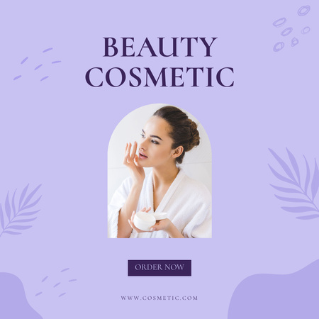 Beauty Cosmetics Ad with Young Woman Applying Cream Instagram Tasarım Şablonu