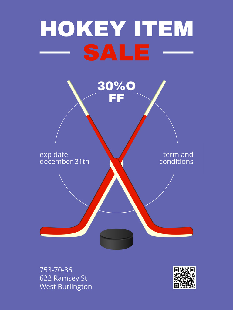 Hockey Equipment Store Ad with Stick and Puck Poster US Design Template
