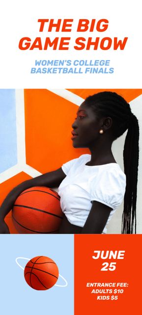Basketball Tournament Announcement with African American Female Player Invitation 9.5x21cm Tasarım Şablonu