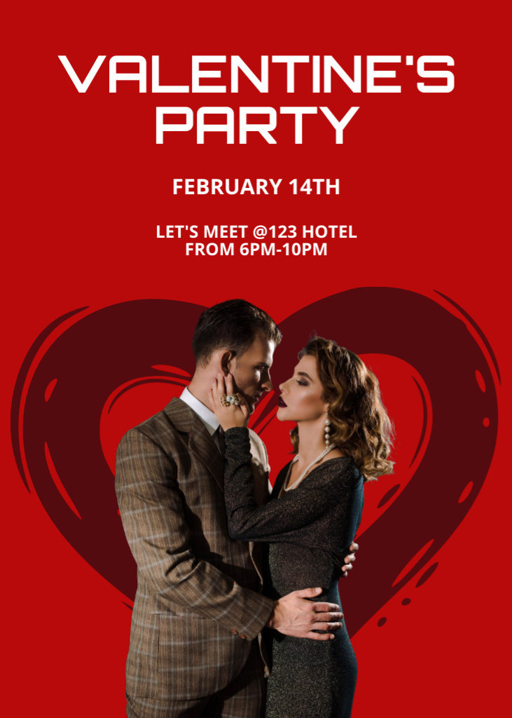 Valentine's Day Party Announcement with Couple in Love on Red Invitation Design Template