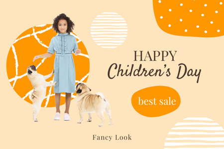 Szablon projektu Children's Day Offer with Cute Girl with Little Dogs Postcard 4x6in