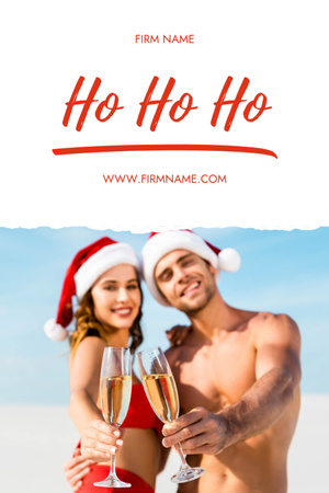 Young Couple in Santa Claus Hats Showing Glasses of Champagne Postcard 4x6in Vertical Design Template