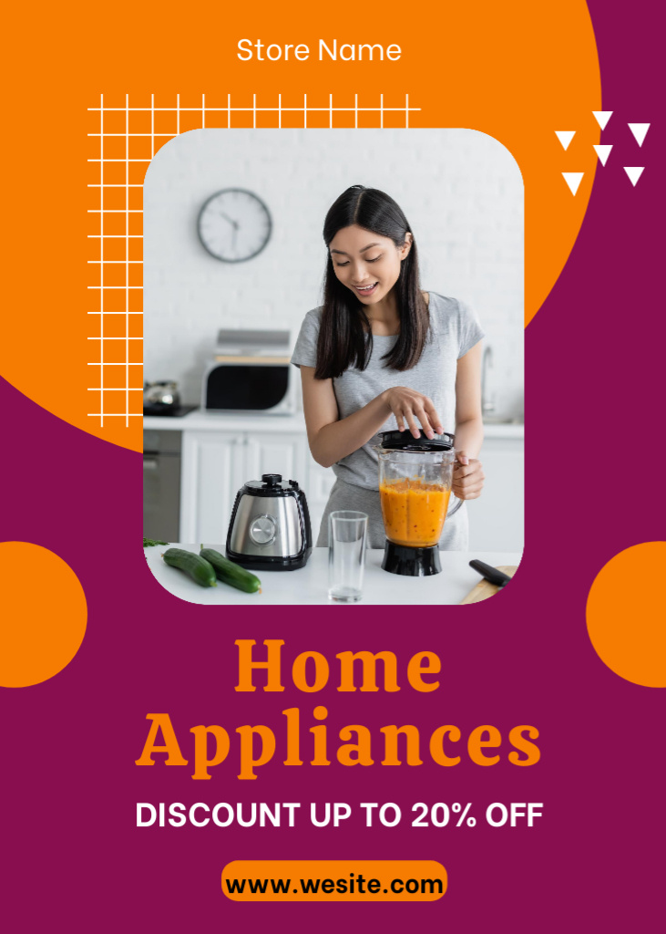 Woman is Cooking with Home Appliances on Orange and Purple Flayer Šablona návrhu