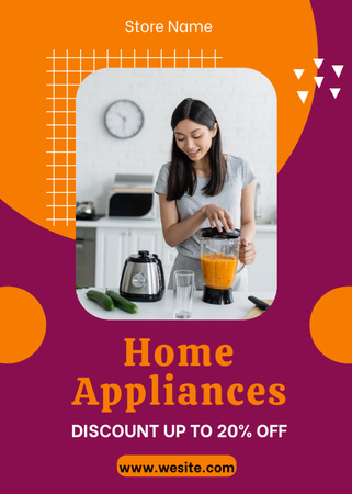 Nainen valmistaa ruokaa kodinkoneilla oranssilla ja violetilla värillä Flayer Design Template
