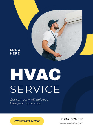 Template di design HVAC Service Offer Dark Blue and Yellow Flayer