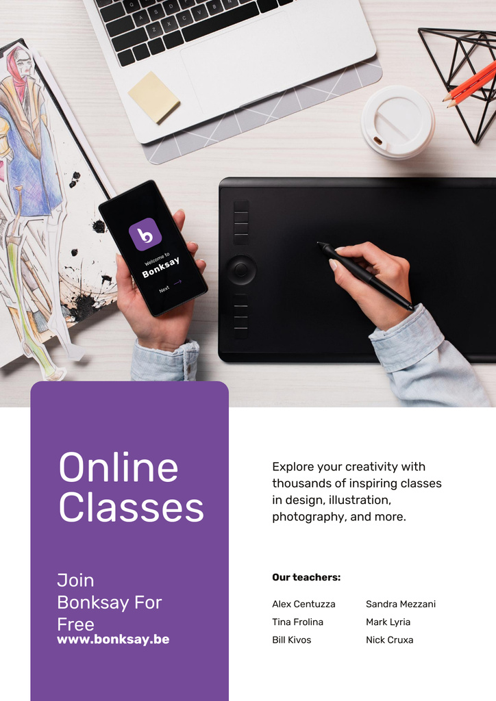 Online Art Classes Offer with laptop and drawings Poster Design Template